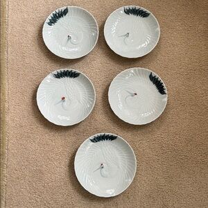 Vintage 1960’s Red Crowned Crane Japanese Celadon Porcelain Plates set of 5